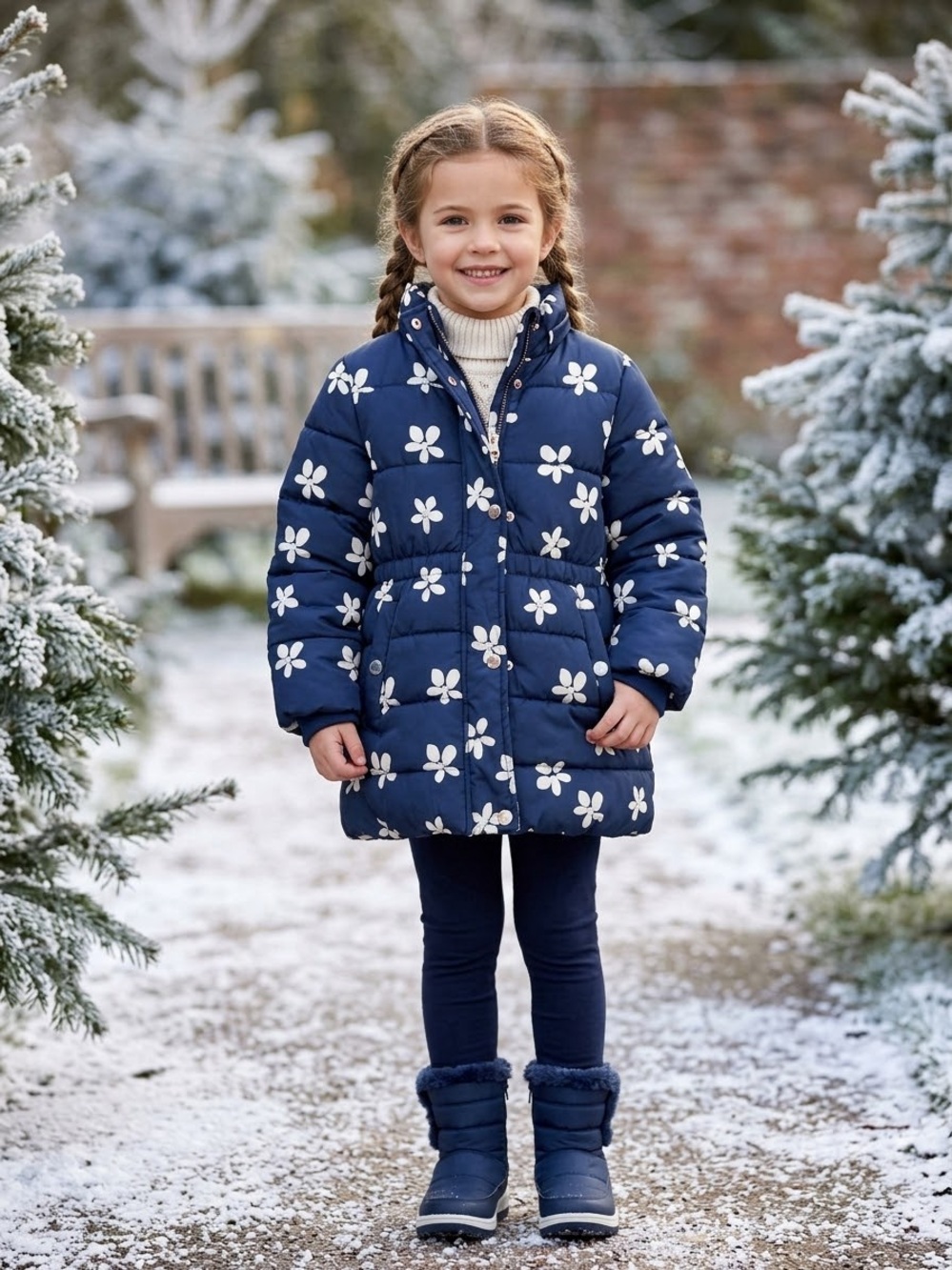 Girls' Navy Floral Puffer Coat - Warm Winter Jacket